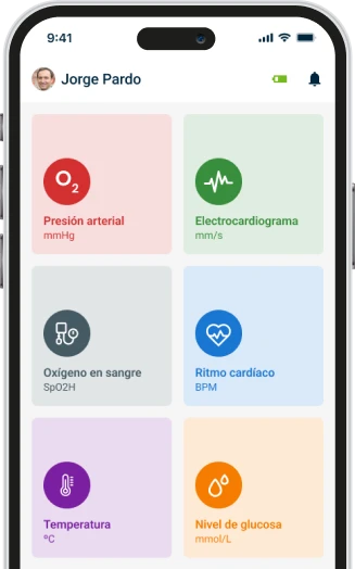 Panel de la app YANO con los seis signos vitales