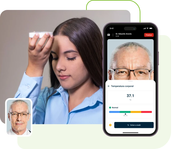 Paciente midiendo su temperatura y consulta médica en la app YANO