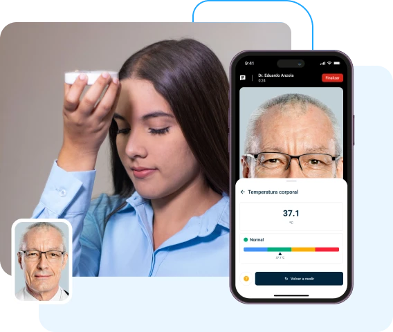 Paciente midiendo su temperatura y consulta médica en la app YANO